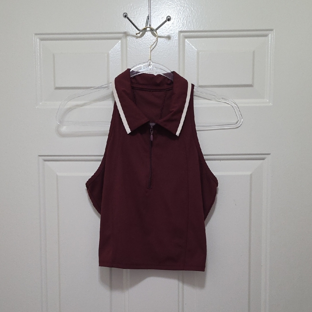 Old Navy Sleeveless Zip Polo Crop Top - Burgundy with White Trim
